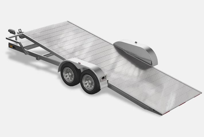 Studio three-quarter view of a Rugged 6.5x20 tandem-axle tilt all-aluminum trailer.