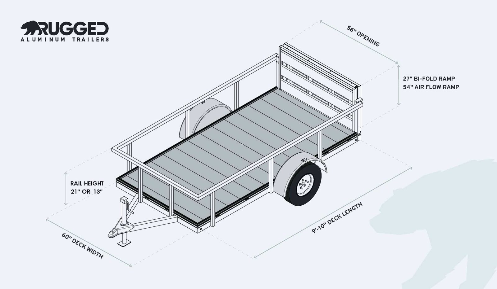 Dimension drawing of the 5 x 10 Open Utility Trailer showing deck length, deck width, rail height, and ramp measurements