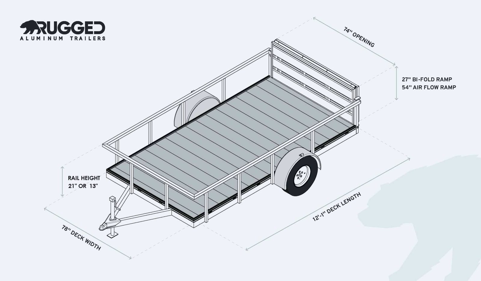 Dimension drawing of the 6.5 x 12 Open Utility Trailer showing deck length, deck width, rail height, and ramp measurements