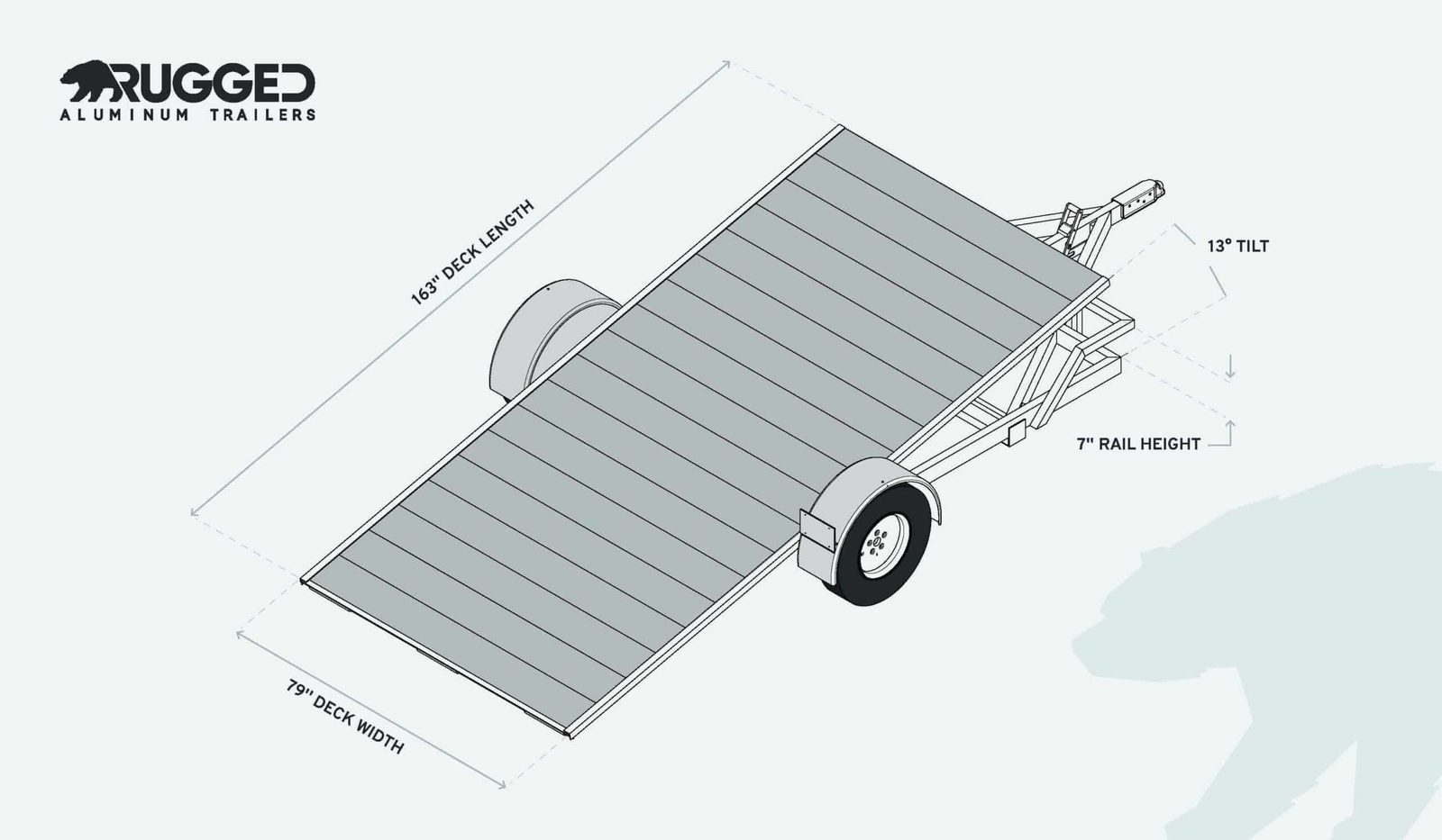 Dimension drawing of the 6.5 x 13.5 Single Axle Tilt Trailer showing deck length, deck width, rail height, and ramp measurements