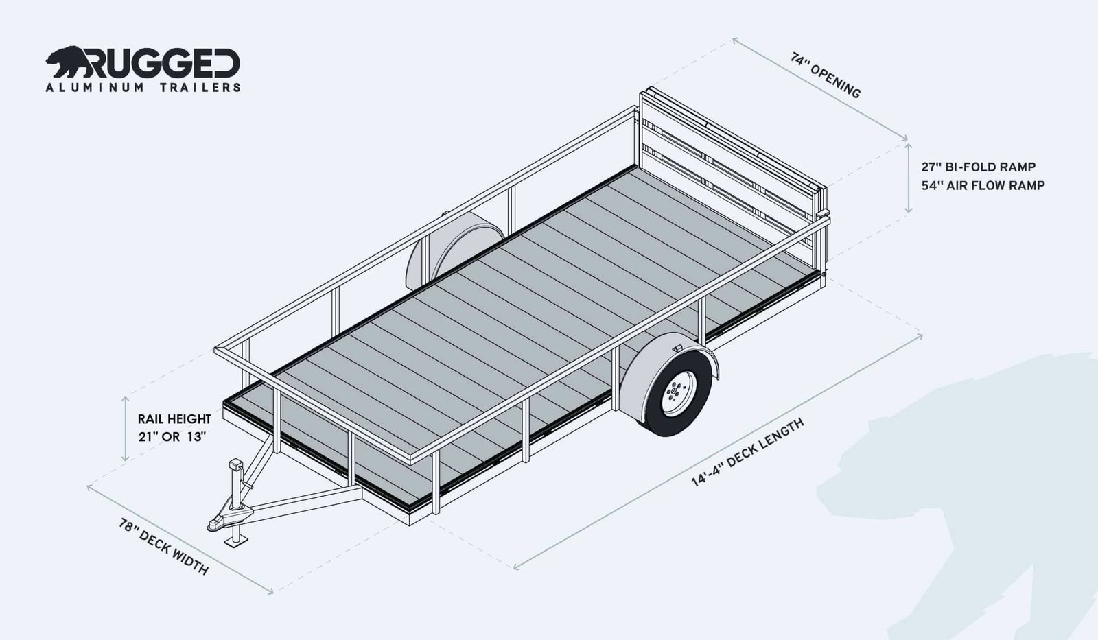 Dimension drawing of the 6.5 x 14 Open Utility Trailer showing deck length, deck width, rail height, and ramp measurements