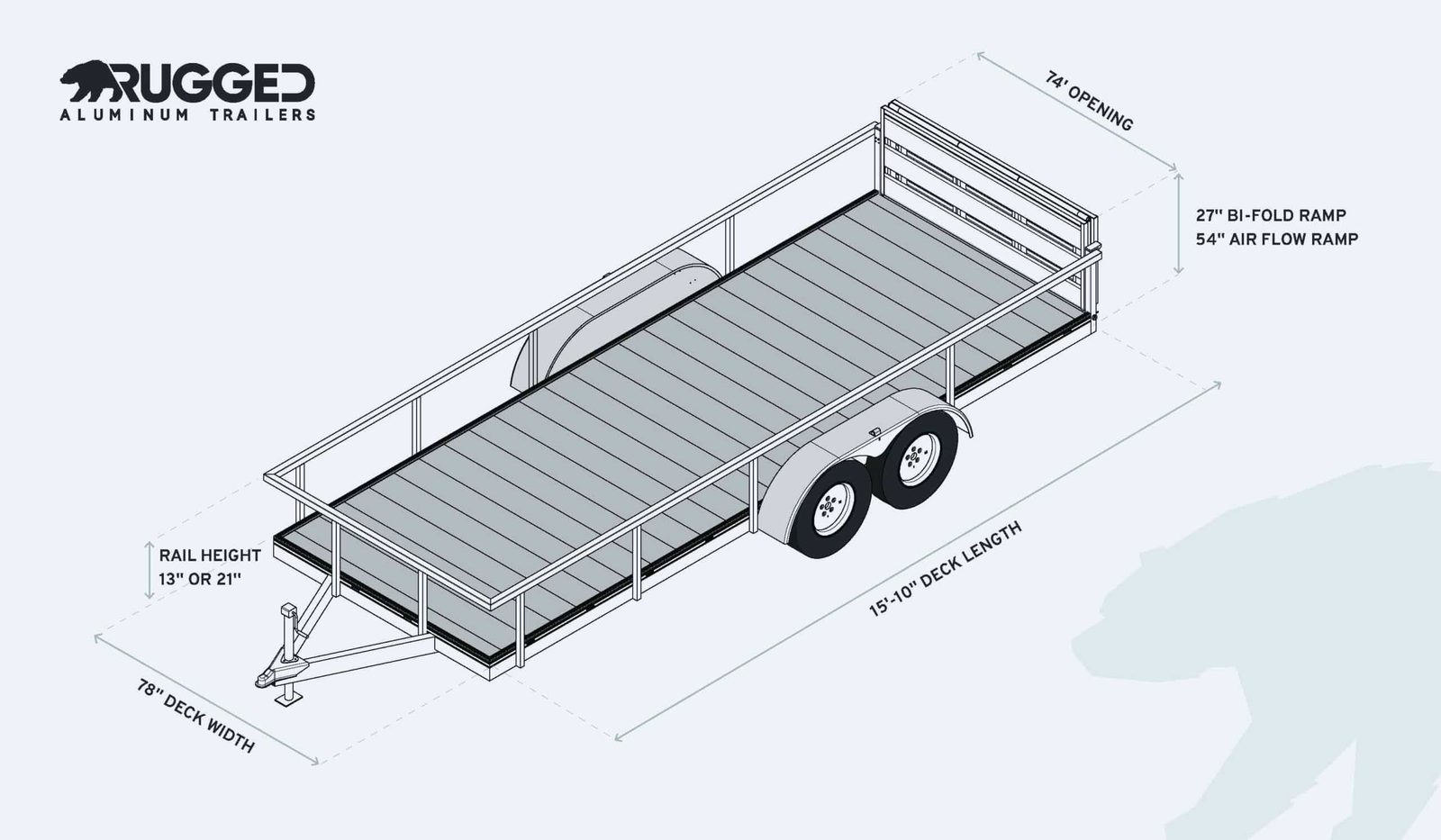 Dimension drawing of the 6.5 x 16 Tandem Axle Trailer showing deck length, deck width, rail height, and ramp measurements