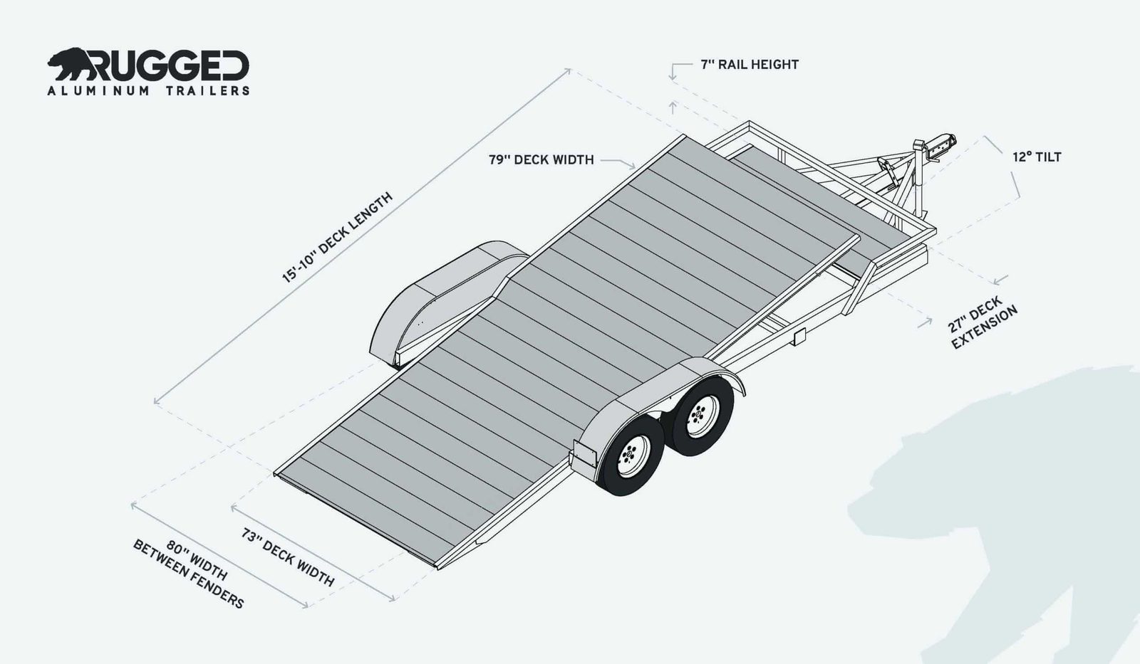 Dimension drawing of the 6.5 x 18 Tandem Axle Tilt Trailer showing deck length, deck width, rail height, and ramp measurements