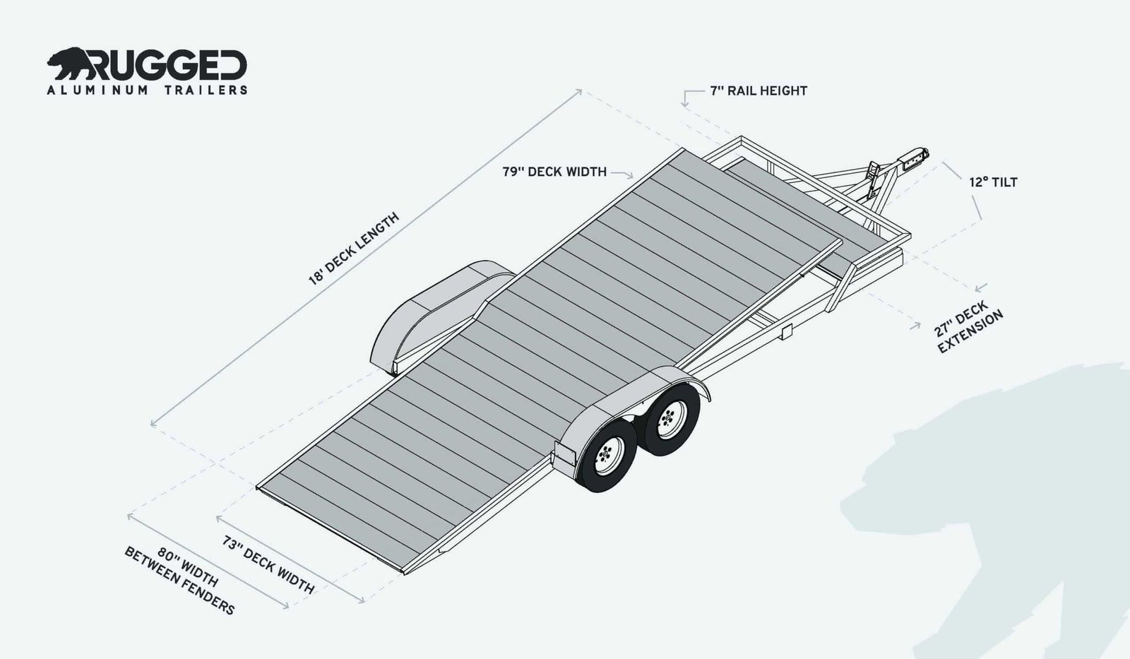 Dimension drawing of the 6.5 x 20 Tandem Axle Tilt Trailer showing deck length, deck width, rail height, and ramp measurements
