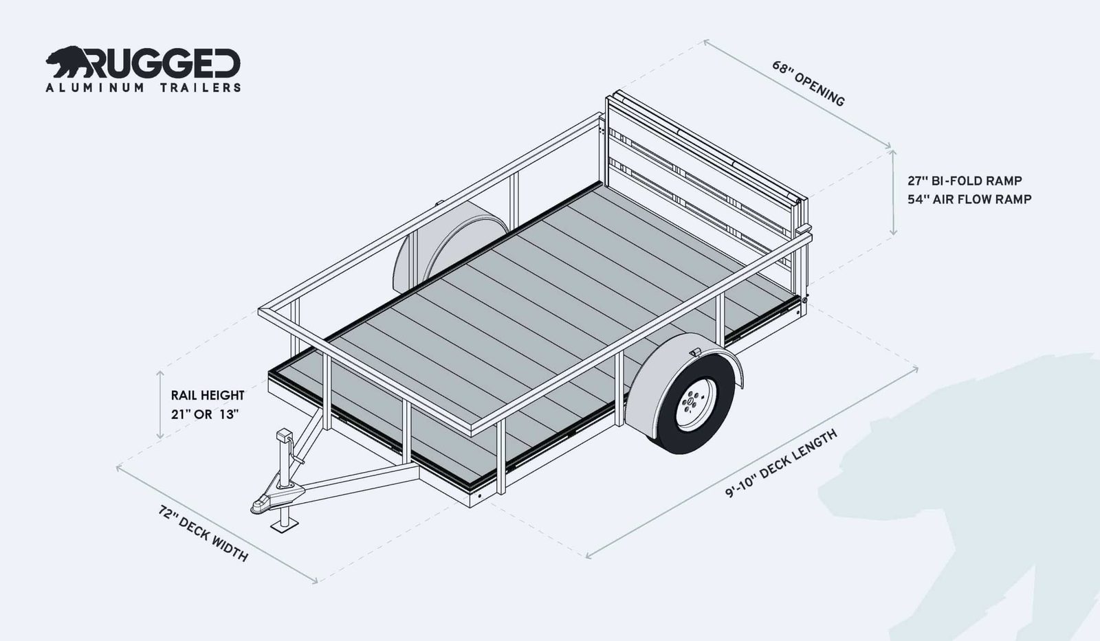 Dimension drawing of the 6 x 10 Open Utility Trailer showing deck length, deck width, rail height, and ramp measurements