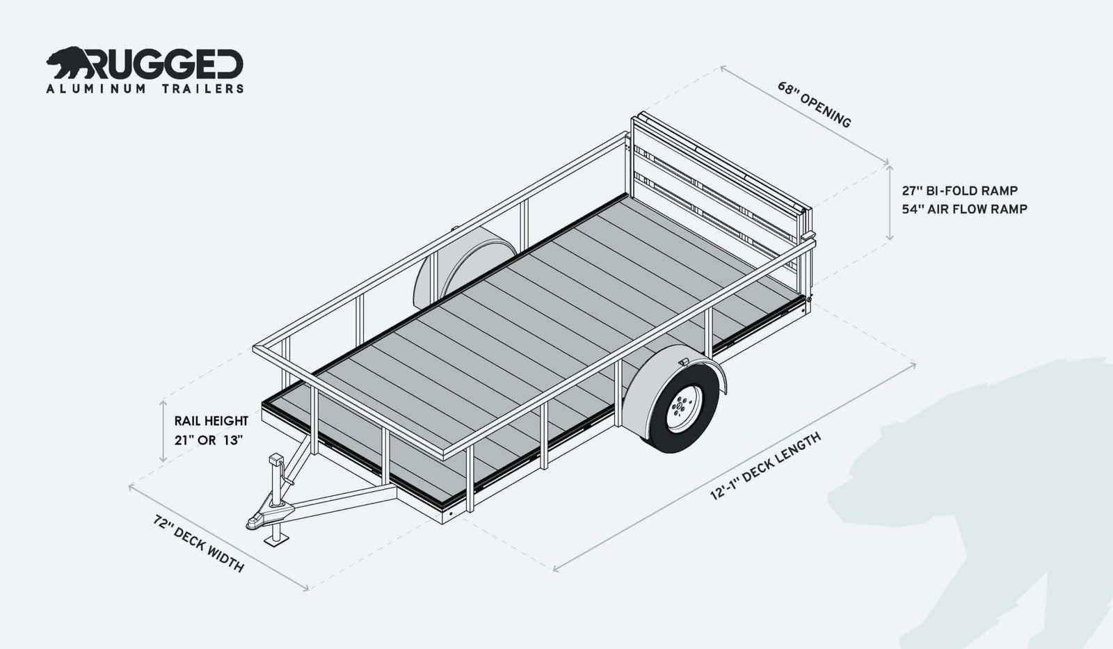 Dimension drawing of the 6 x 12 Open Utility Trailer showing deck length, deck width, rail height, and ramp measurements