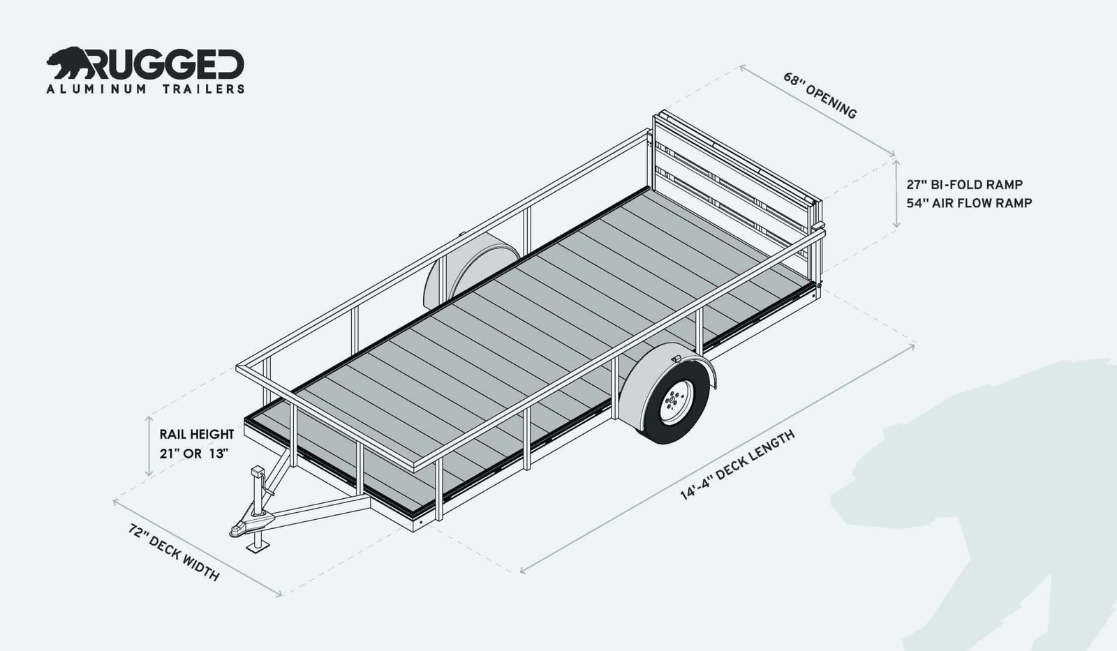 Dimension drawing of the 6 x 14 Open Utility Trailer showing deck length, deck width, rail height, and ramp measurements